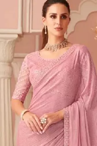Pink Chiffon Beautiful Embellished Saree,Sari Comes With Embroidered Blouse
