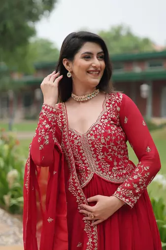 Faux Blooming Multi-Sequins Embroidered Stitched Gown with Dupatta     Red | 56" Length