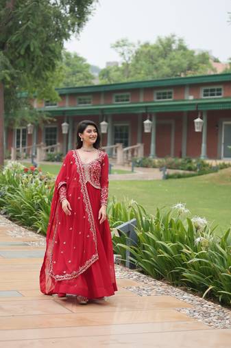 Faux Blooming Multi-Sequins Embroidered Stitched Gown with Dupatta     Red | 56" Length