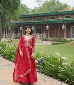 Faux Blooming Multi-Sequins Embroidered Stitched Gown with Dupatta     Red | 56" Length