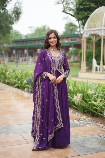 Faux Blooming Multi-Sequins Embroidered Stitched Gown with Dupatta     Purple | 56" Length