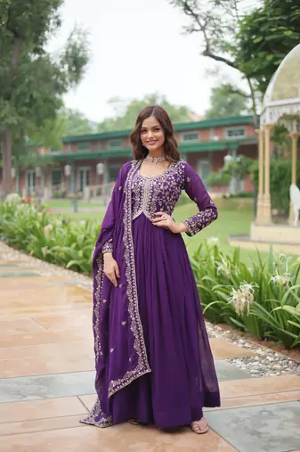 Faux Blooming Multi-Sequins Embroidered Stitched Gown with Dupatta     Purple | 56" Length