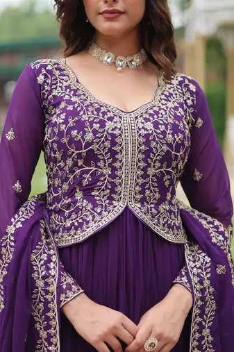 Faux Blooming Multi-Sequins Embroidered Stitched Gown with Dupatta     Purple | 56" Length