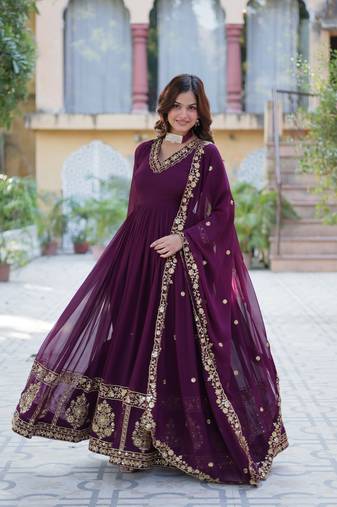 Faux Blooming Multi-Sequins Embroidered Stitched Gown with Dupatta     Wine | 56" Length