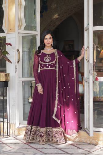 Faux Blooming Multi-Sequins Embroidered Stitched Gown with Dupatta     Wine | 56" Length