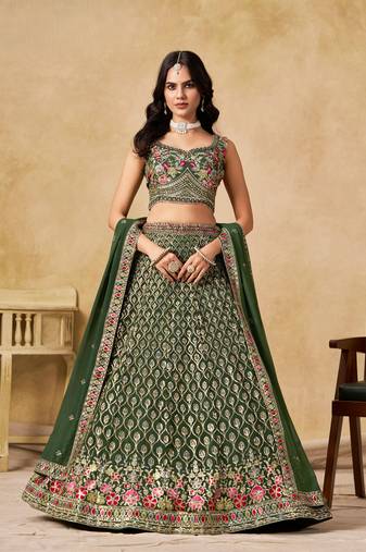 Green Georgette Sequins & Thread Embroidery Lehenga Choli With Dupatta