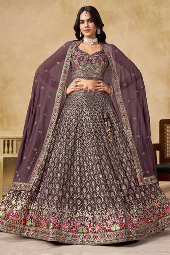 Purple georgette sequins & thread embroidery lehenga choli with dupatta