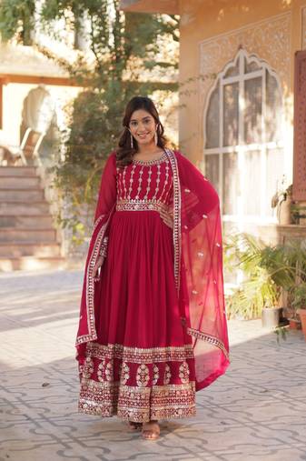 Faux Blooming Multi-Sequins Embroidered Stitched Gown with Dupatta     Pink | 56" Length