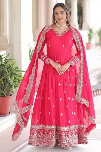 Pink readymade gown-dupatta set