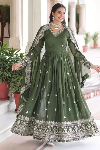 Green readymade gown-dupatta set