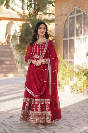 Faux Blooming Multi-Sequins Embroidered Stitched Gown with Dupatta     Maroon | 56" Length