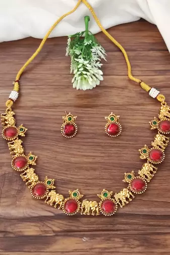 Traditional elephant motif red stone necklace set for women