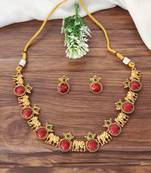 Traditional elephant motif red stone necklace set for women