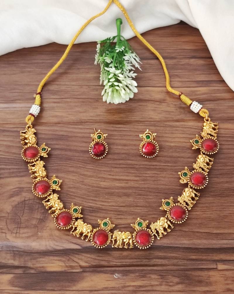 Traditional elephant motif red stone necklace set for women