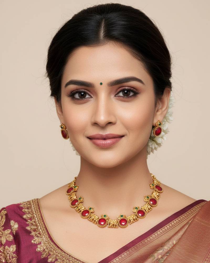 Traditional elephant motif red stone necklace set for women