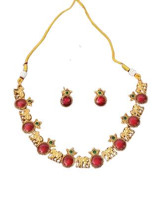 Traditional elephant motif red stone necklace set for women 3