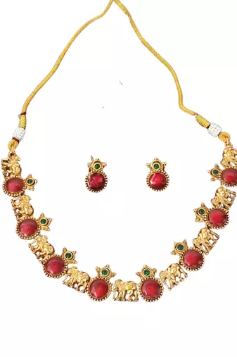 Traditional elephant motif red stone necklace set for women