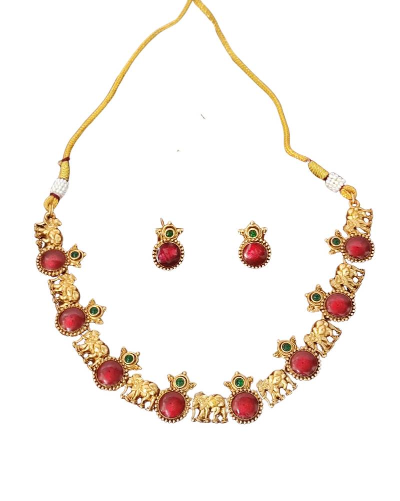 Traditional elephant motif red stone necklace set for women
