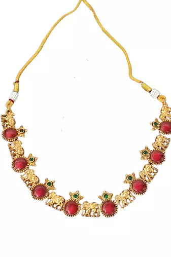 Traditional elephant motif red stone necklace set for women