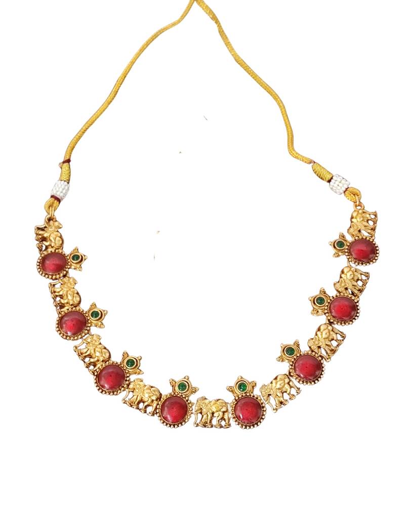 Traditional elephant motif red stone necklace set for women