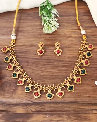 Red & green stone antique finish necklace set for women 1