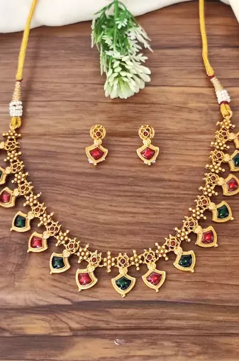 Red & green stone antique finish necklace set for women
