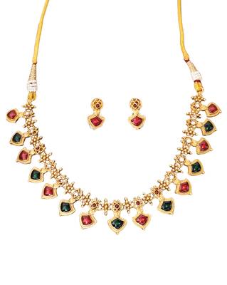 Red & green stone antique finish necklace set for women 2