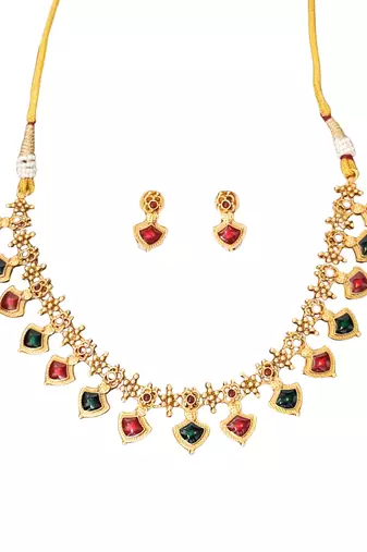 Red & green stone antique finish necklace set for women