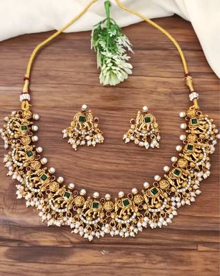 South indian temple jewellery necklace set with pearl drops 1