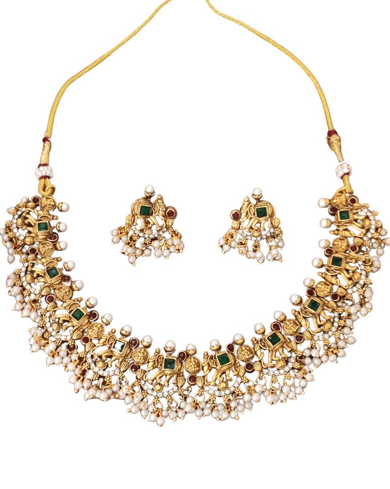 South indian temple jewellery necklace set with pearl drops