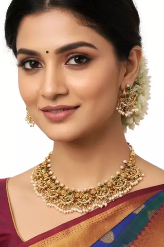 South indian temple jewellery necklace set with pearl drops