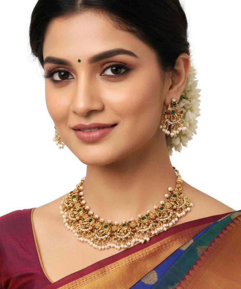 South indian temple jewellery necklace set with pearl drops