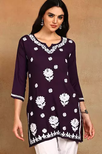 lucknowi chikankari hand embroidered purple liva rayon floral embroidered short straight kurta kurti for women