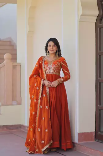Fendy Fabric Zari Embroidered Stitched Gown with Dupatta     Orange