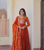 Fendy Fabric Zari Embroidered Stitched Gown with Dupatta     Orange