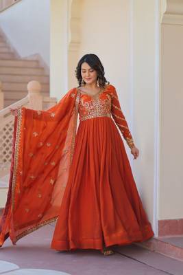 Fendy Fabric Zari Embroidered Stitched Gown with Dupatta     Orange 2