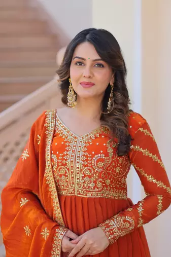Fendy Fabric Zari Embroidered Stitched Gown with Dupatta     Orange