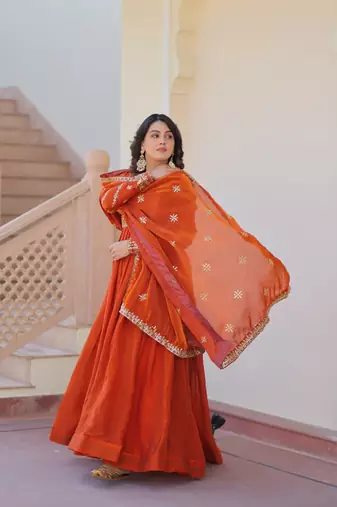 Fendy Fabric Zari Embroidered Stitched Gown with Dupatta     Orange