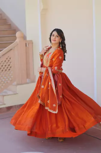 Fendy Fabric Zari Embroidered Stitched Gown with Dupatta     Orange