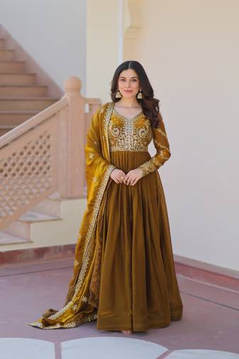 Fendy Fabric Zari Embroidered Stitched Gown with Dupatta     Mehendi