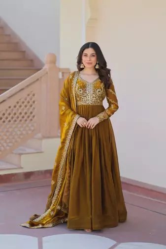 Fendy Fabric Zari Embroidered Stitched Gown with Dupatta     Mehendi