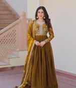 Fendy Fabric Zari Embroidered Stitched Gown with Dupatta     Mehendi