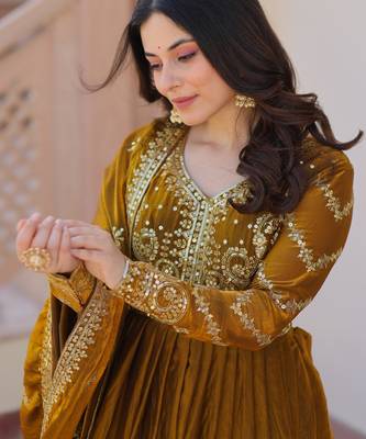 Fendy Fabric Zari Embroidered Stitched Gown with Dupatta     Mehendi 3