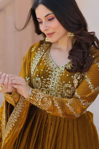 Fendy Fabric Zari Embroidered Stitched Gown with Dupatta     Mehendi