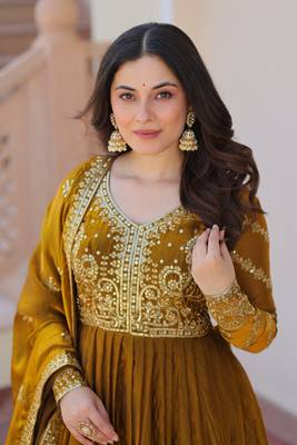 Fendy Fabric Zari Embroidered Stitched Gown with Dupatta     Mehendi 4