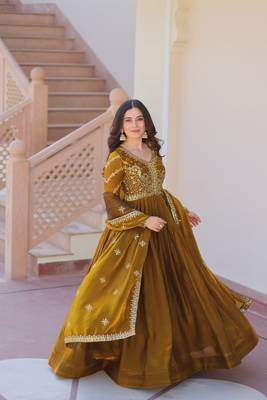 Fendy Fabric Zari Embroidered Stitched Gown with Dupatta     Mehendi 5