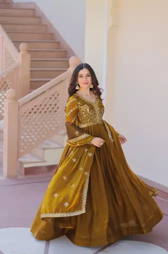 Fendy Fabric Zari Embroidered Stitched Gown with Dupatta     Mehendi
