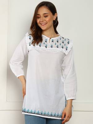 hand embroidered lucknow chikankari a-line white cotton kurti for women 1