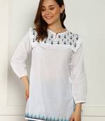 hand embroidered lucknow chikankari a-line white cotton kurti for women