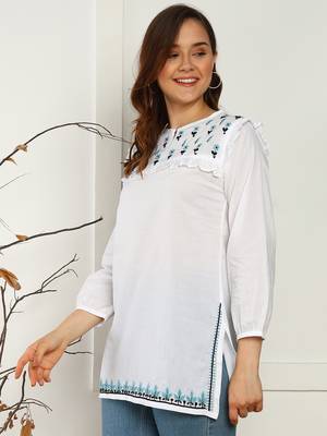 hand embroidered lucknow chikankari a-line white cotton kurti for women 2